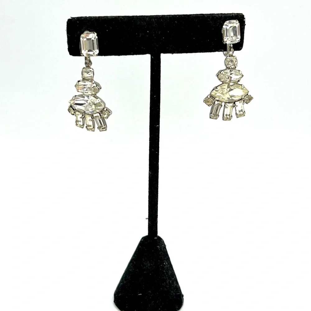 Vintage rhinestone clip on dangle silver costume earrings